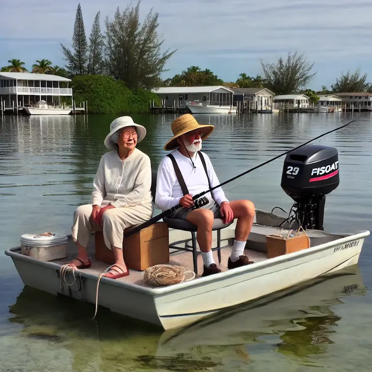 elderly Asian couple on an inexpensive motorized rowboat floating on the waters near St. Petersburg, Florida