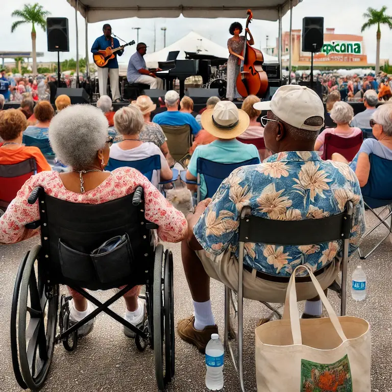 elderly people watching a musical performance on a small stage