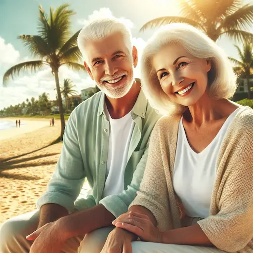 elderly couple enjoying a sunny day near a beach or park.