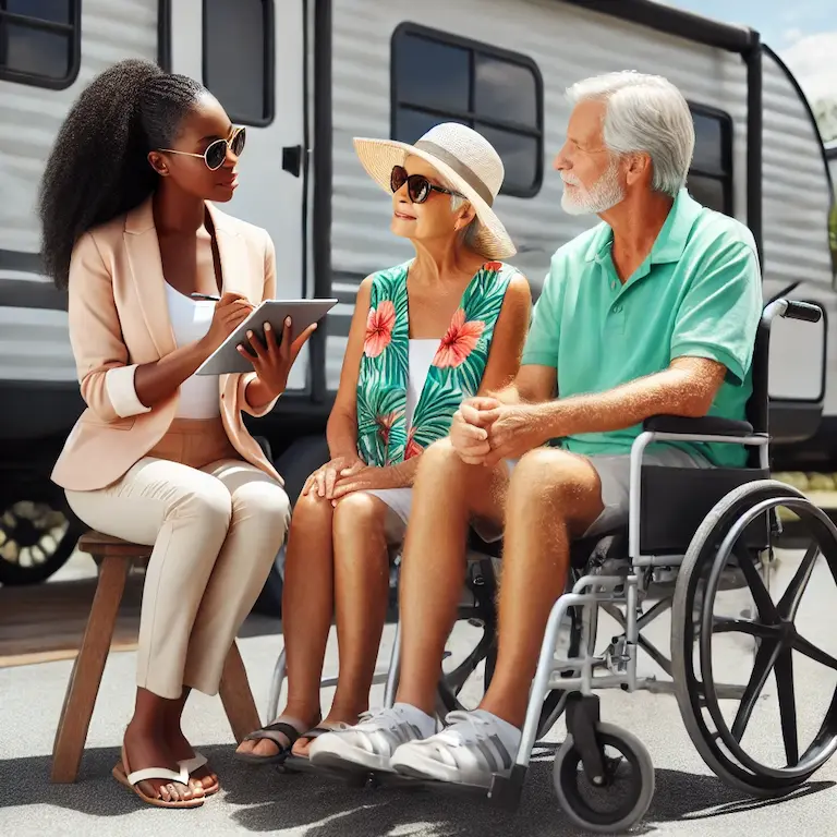 An outdoor scene near a trailer, showing a woman talking to an elderly couple, who are prospective buyers.