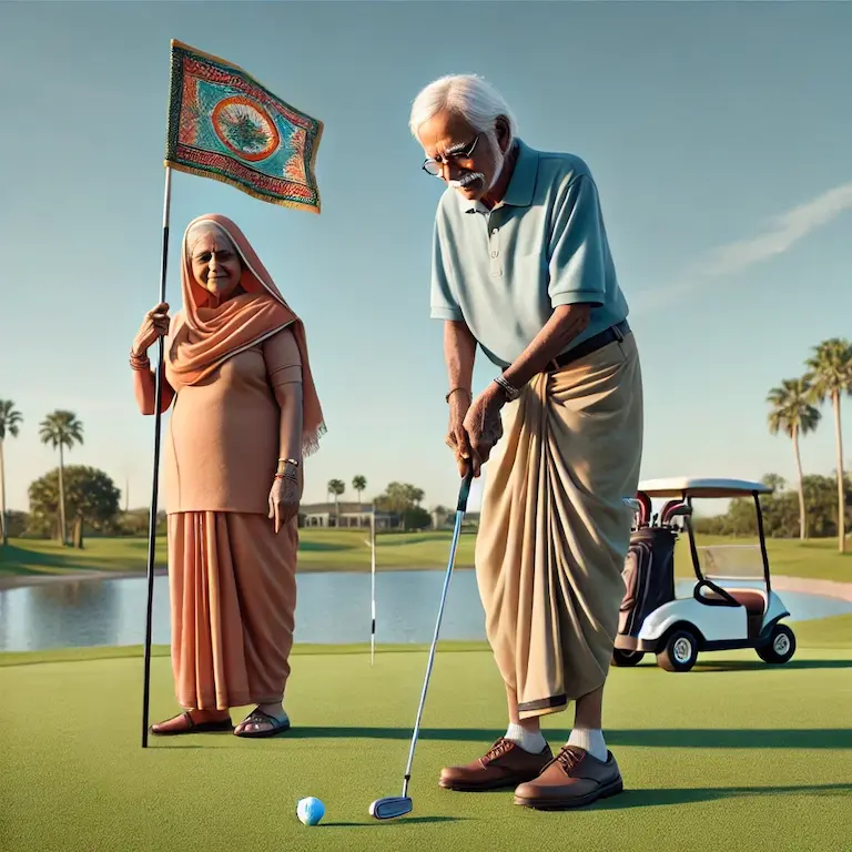 elderly Indian couple playing golf on a sunny day in Florida