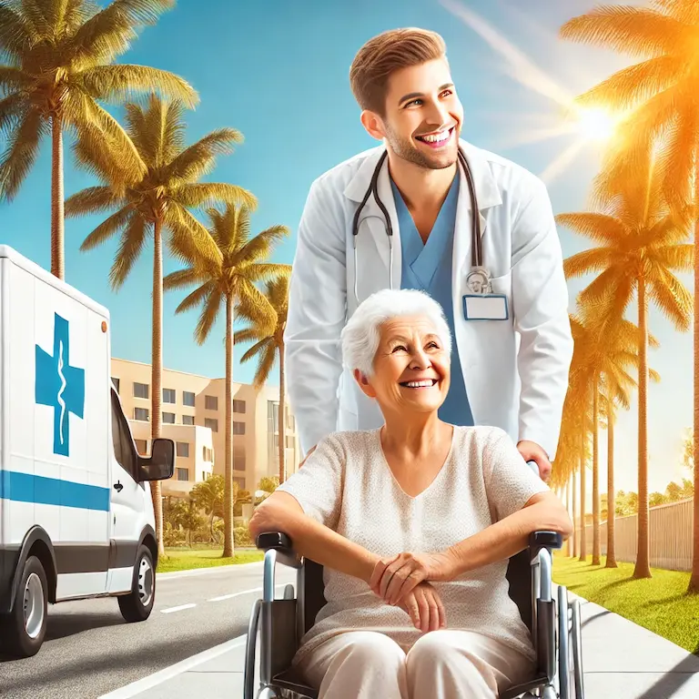 happy elderly patient being wheeled out of a hospital