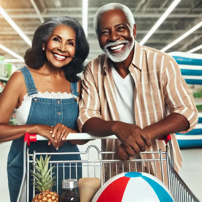 happy elderly couple pushing a shopping cart in a store