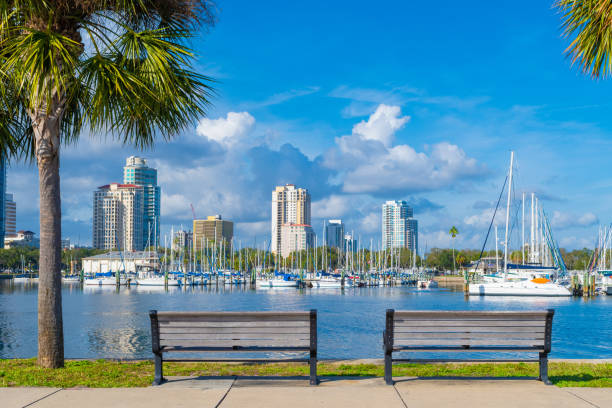 two empty benches overlooking St. Petersburg marina